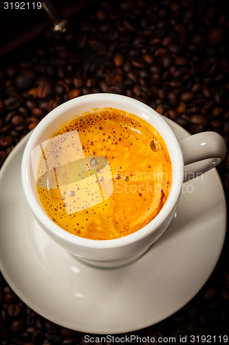 Image of Espresso cup in coffee beans