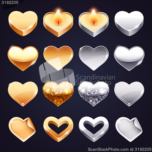 Image of Set of Vector Golden and Silver Hearts