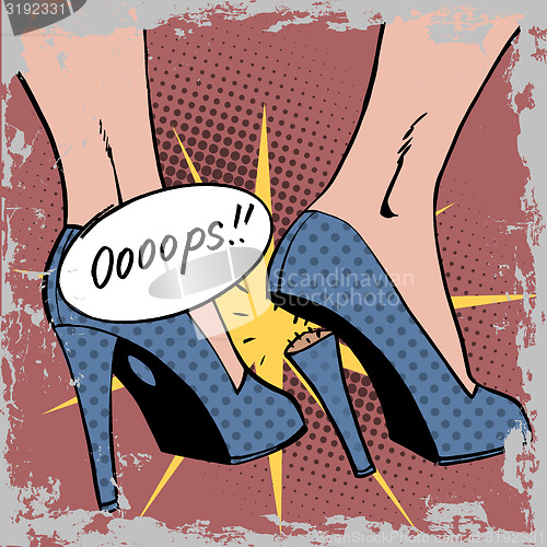 Image of oops broke heel woman nasty surprise pop art comics retro style 