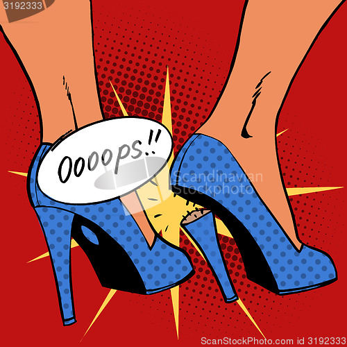 Image of oops broke heel woman nasty surprise pop art comics retro style 