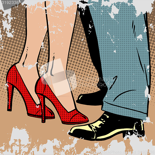 Image of love man and woman dance hugs pop art comics retro style Halfton