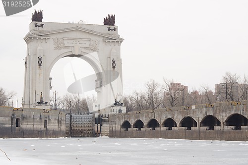 Image of Arch, pier Volga-Don canal Lenin, the gateway 1, Volgograd winter