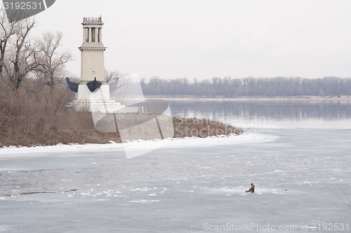 Image of Lighthouse on peninsula Sarpinsk winter fishing ice g Volgograd