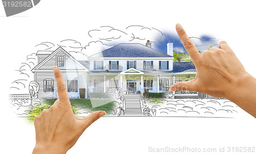 Image of Hands Framing House Drawing and Photo on White
