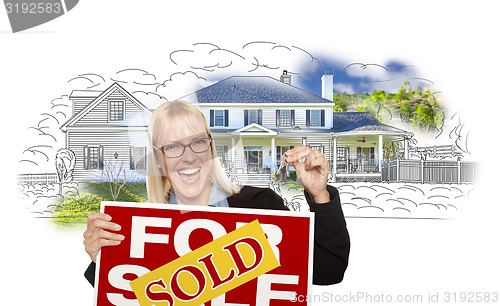 Image of Woman Holding Keys, Sold Sign Over House Photo and Drawing