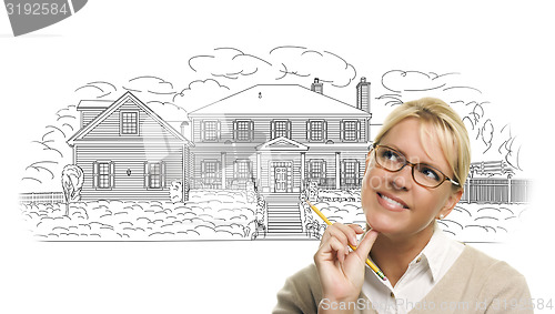 Image of Woman with Pencil Over House Drawing on White