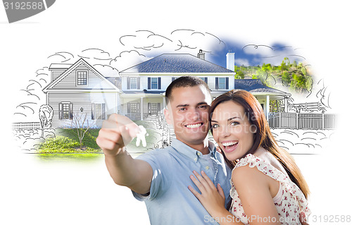 Image of Military Couple with Keys Over House Drawing and Photo