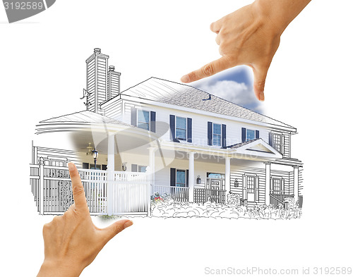 Image of Hands Framing House Drawing and Photo on White