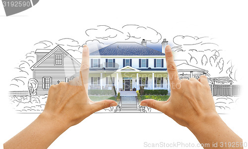 Image of Hands Framing House Drawing and Photo on White