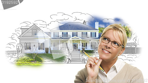 Image of Woman with Pencil Over House Drawing and Photo on White