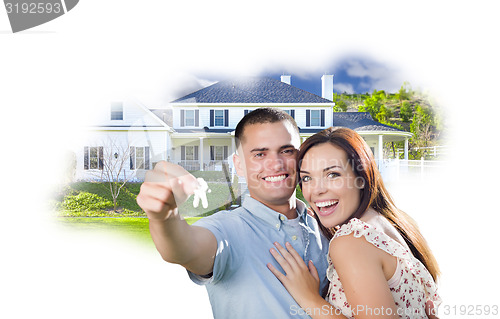 Image of Military Couple with Keys Over House Photo in Cloud