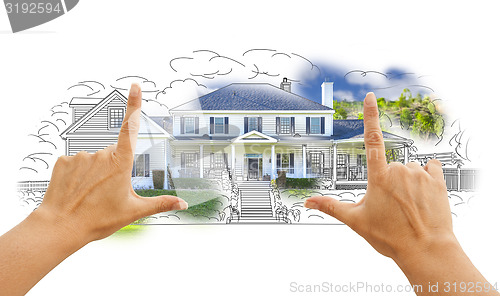 Image of Hands Framing House Drawing and Photo on White