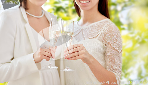 Image of close up of lesbian couple with champagne glasses