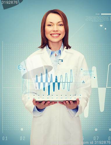 Image of smiling female doctor and tablet pc computer