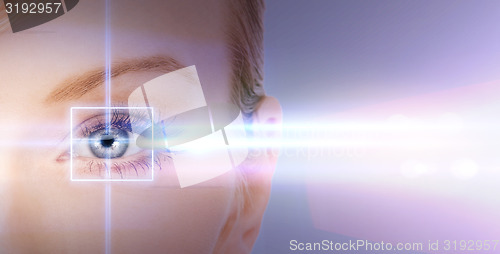 Image of woman eye with laser correction frame