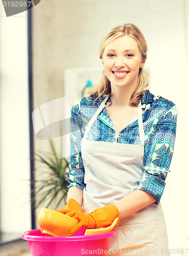 Image of housewife washing dish at the kitchen