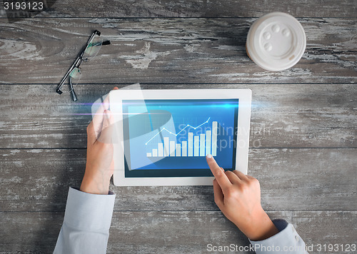 Image of close up of hands with tablet pc and virtual graph