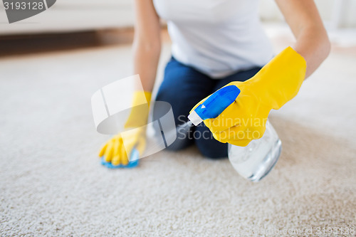 Image of close up of woman with cloth cleaning carpet