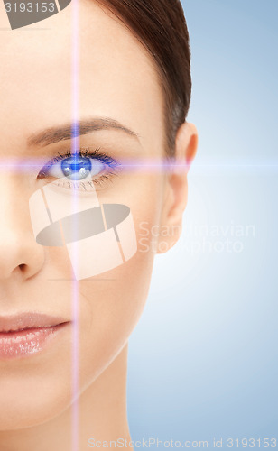 Image of beautiful woman pointing to eye