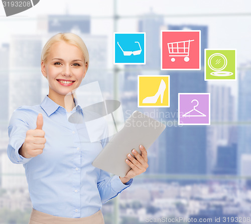 Image of smiling businesswoman or student with tablet pc