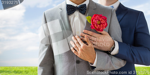 Image of close up of happy male gay couple