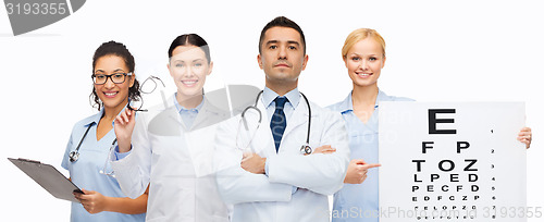 Image of group of doctors with eye chart and glasses