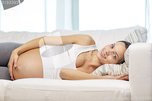 Image of happy pregnant woman lying on sofa at home