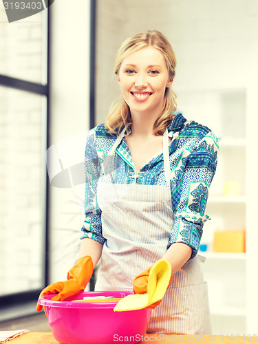 Image of housewife washing dish at the kitchen