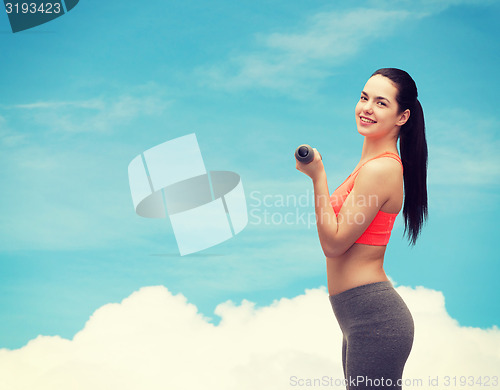 Image of young sporty woman with light dumbbells