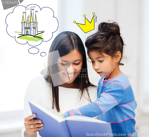 Image of happy mother and daughter reading fairytale book