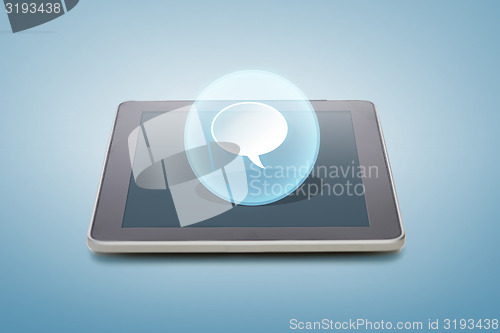 Image of tablet pc with bank text bubble icon over screen