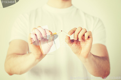 Image of man breaking the cigarette with hands