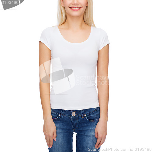 Image of smiling woman in blank white t-shirt