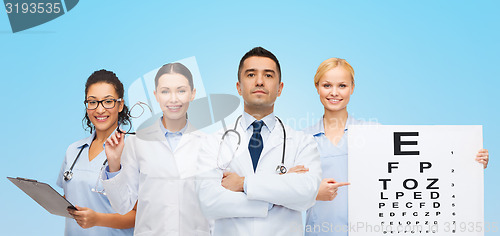Image of group of doctors with eye chart and glasses
