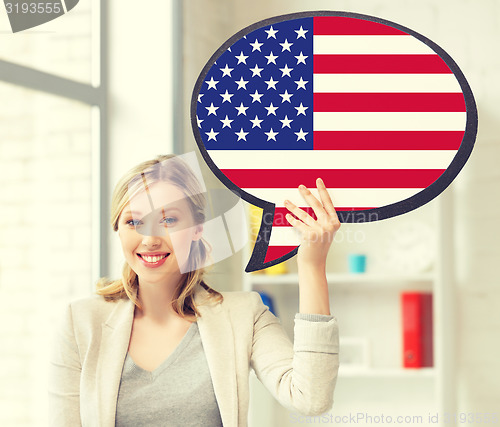 Image of smiling woman with text bubble of american flag