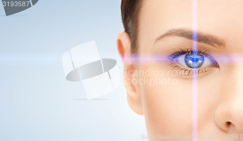 Image of beautiful woman pointing to eye