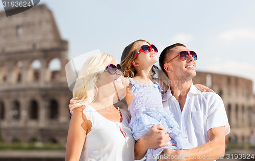Image of happy family in rome over coliseum background