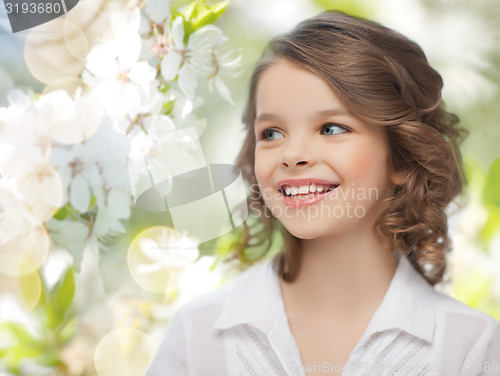 Image of happy girl over summer garden background