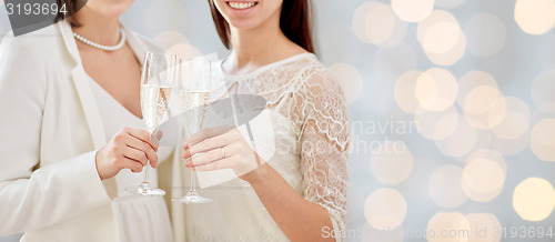 Image of close up of lesbian couple with champagne glasses