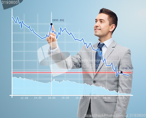 Image of businessman touching virtual screen with chart