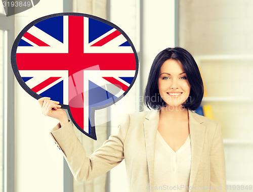 Image of smiling woman with text bubble of british flag