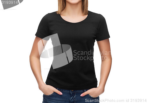Image of smiling woman in blank black t-shirt