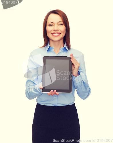 Image of smiling woman with blank tablet pc computer screen