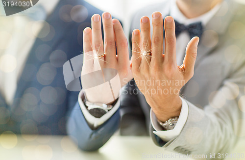 Image of close up of male gay couple with wedding rings on