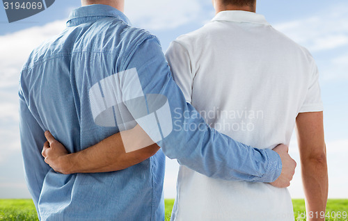 Image of close up of happy male gay couple hugging