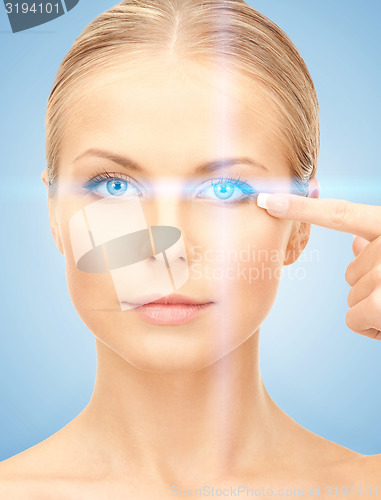 Image of beautiful woman pointing to eye