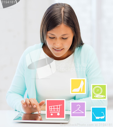 Image of smiling student girl with tablet pc blogging