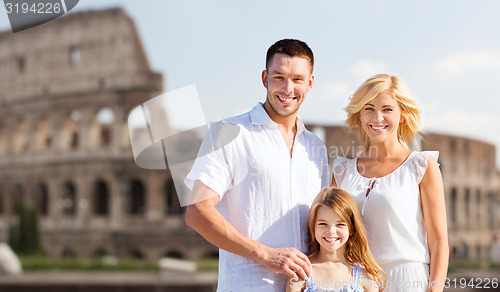 Image of happy family in rome over coliseum background