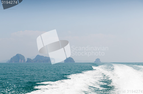 Image of ocean view from board of sailing boat or yacht