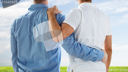 Image of close up of happy male gay couple hugging